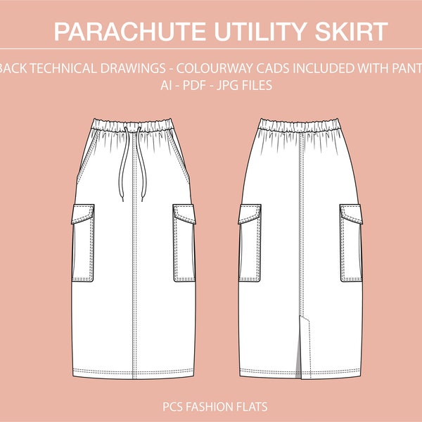 Parachute Skirt Ai, Utility Skirt Flat Drawing, Cargo Skirt Technical Drawing, Cargo Pocket Skirt, Illustrator Drawing, Fashion CAD Drawing