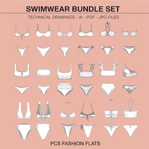 May include: A set of 30 technical drawings of swimwear designs. The drawings are black and white and show different styles of bikini tops and bottoms.