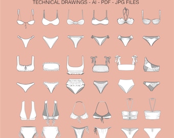 Procreate Mockup Bikinis, Bikini Technical Flat Drawing, Swimwear Bundle Set, Brazilian Bikini Ai, Bandeau Bikini CAD, High Waist Bikini Set