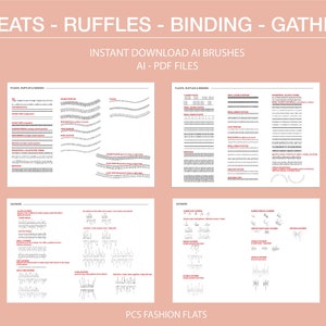 Könnte beinhalten: Vier schwarz-weiße Seiten mit Illustrationen von Falten, Rüschen, Bindebändern und Raffungen. Die Seiten sind mit "Falten, Rüschen & Bindebänder" und "Raffungen" betitelt. Der Text "PCS Fashion Flats" befindet sich am unteren Rand der Seite.