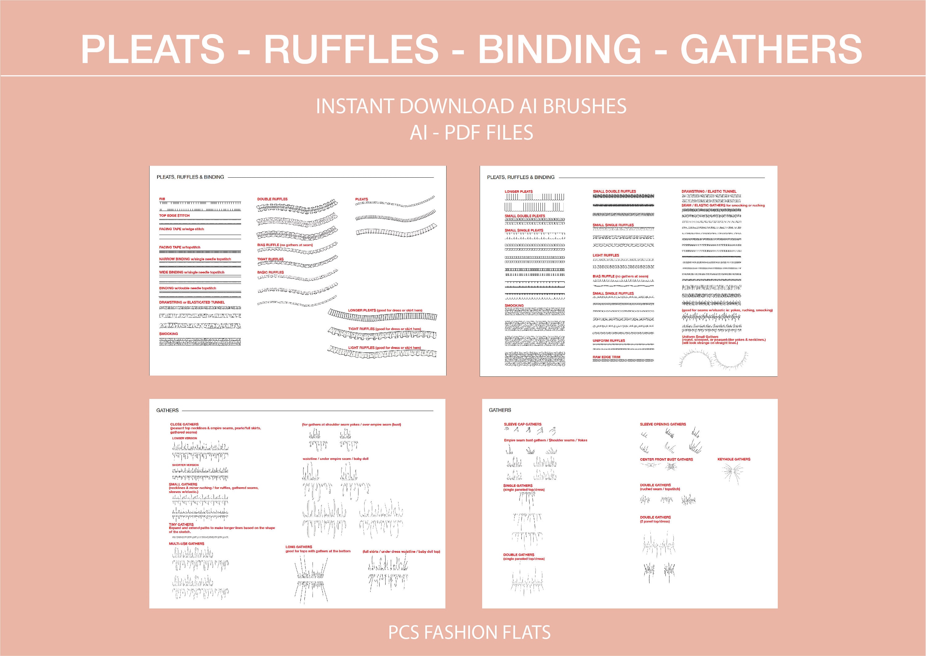 Adobe Illustrator Brushes, Pleats Brushes, Ruffles Brushes, Binding Brushes, Gathers Brushes, Ai Brushes, Illustrator Brushes for Designers