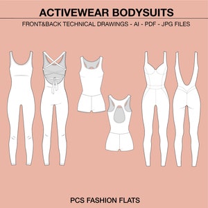 Puede incluir: Cinco dibujos técnicos planos de moda de diferentes estilos de bodies blancos de ropa deportiva. Los dibujos muestran las vistas frontal y posterior de cada body.