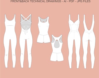 Bodysuit Ai, Catsuit Flat Drawing, Catsuit Vector, Activewear Technical Drawing, Illustrator Drawing, Fashion CAD Drawings, Fashion Drawing