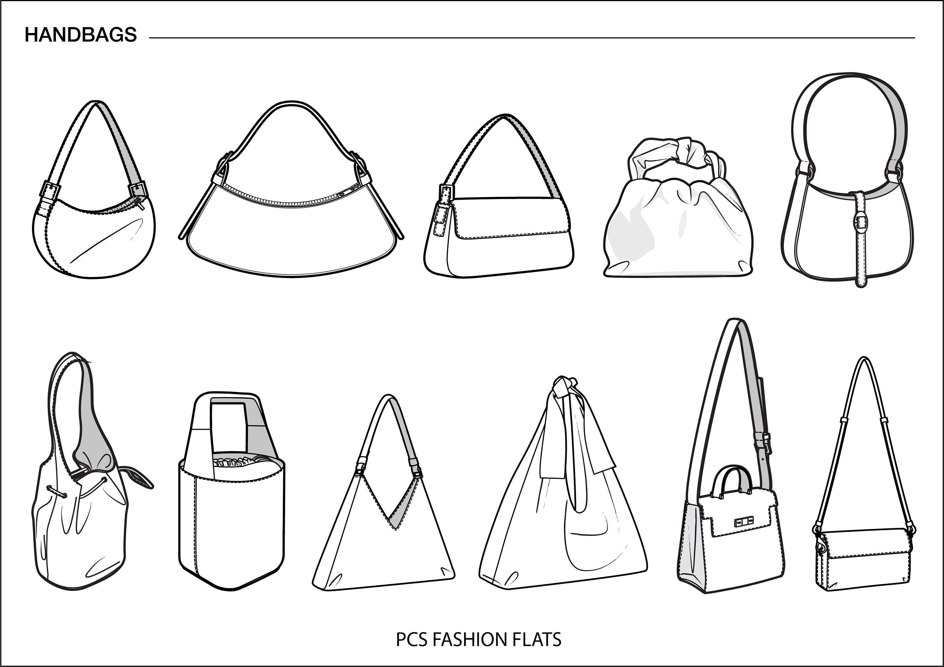 Handbags Ai, Technical Flat Drawing, Shoulder Bag CAD, Illustrator