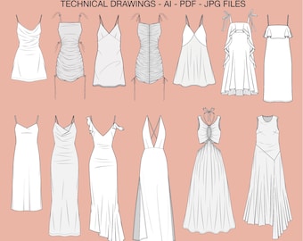 Slip Dress Technical Drawing, Ruched Dress Flat Sketch, Tie Detail Dress Drawing, Bundle Fashion Design Template, Women Clothing Vectors