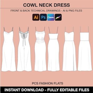 May include: Five technical fashion flat illustrations of a cowl neck dress. The dress is shown in front and back views. The illustrations are fully editable and available for instant download in AI and PNG formats.