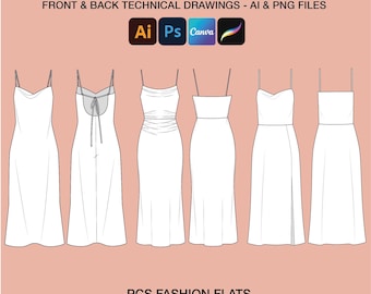 Maqueta vectorial de vestido con cuello vuelto: Dibujos CAD (archivos AI y PNG)