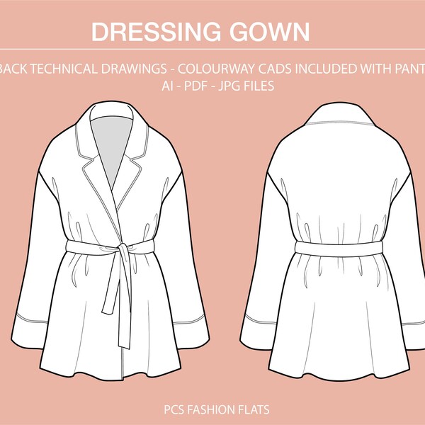 Dressing Gown Ai, Technical Flat Drawing, Technical Drawing, Illustrator Drawing, Fashion CAD Drawings, Ai Fashion Drawing, Intimates CAD