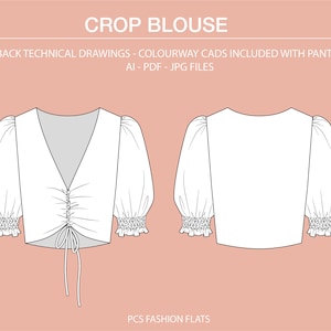 Könnte beinhalten: Eine technische Zeichnung eines weißen Crop-Tops mit V-Ausschnitt und Puffärmeln. Das Oberteil hat einen Kordelzug vorne und eine Raffung in der Taille. Die Zeichnung zeigt sowohl die Vorder- als auch die Rückseite des Oberteils.