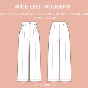 Wide Leg Trousers Ai, Technical Flat Drawing, Bottoms Technical Drawing, Illustrator Drawing, Fashion CAD Drawings, Ai Fashion Drawing