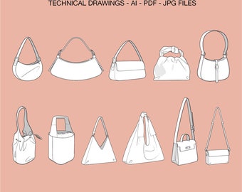 Handbags Ai, Technical Flat Drawing, Shoulder Bag CAD,  Illustrator Drawing, Crossbody Bag Vector, Baguette Bag, Ai Fashion CAD Drawings