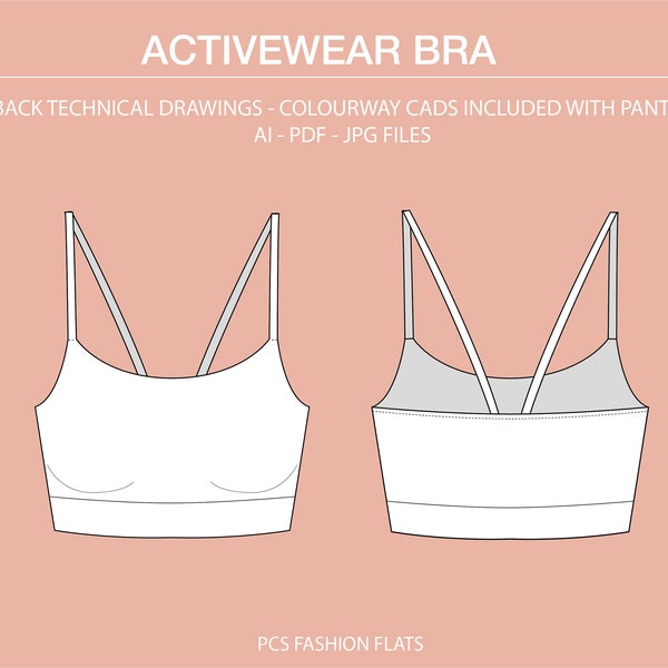 Activewear Bra Ai, Technical Flat Drawing, Bra Technical Drawing, Illustrator Drawing, Fashion CAD Drawings, Ai Fashion Drawing