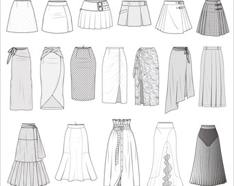 Midi Skirt Drawings, Pleated Skirt CAD, Tube Skirt CAD