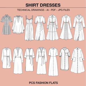 シャツドレスの技術図面、ボタンダウンドレスのCAD、ドレスのフラットスケッチ、ファッションイラストレーターの図面、ミディベルトドレスの技術図面