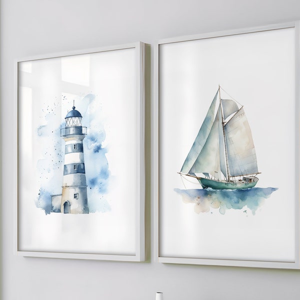 Watercolour Prints Blue Bathroom Wall Art Decor Pictures. Sailboat & Lighthouse. Seaside Coastal Wall Art