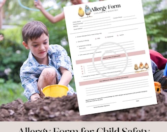 Peut inclure: Un formulaire d'allergie rose et blanc pour le ministère des enfants avec un titre qui dit "Formulaire d'allergie pour la sécurité des enfants". Le formulaire comprend des sections pour le nom de l'enfant, les informations sur les parents/tuteurs, les allergies connues, la gravité de l'allergie, les symptômes de l'allergie et le plan d'urgence.