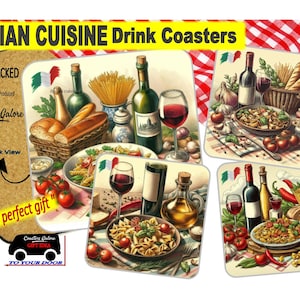 Italian Cuisine Drinks Coaster, Italy Design Italian Food Design Drink Coasters, Italian Pasta Drink Coaster Gift Set