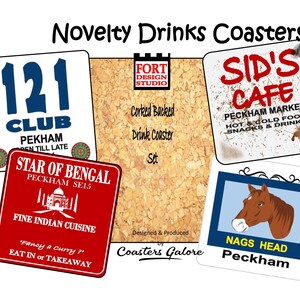 May include: Set of six cork-backed drink coasters featuring various designs from the Peckham area of London. The coasters feature a pub, a cafe, a restaurant, and a horse head. The coasters are designed and produced by Coasters Galore.