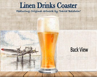 Linen WW2 Airplanes Drinks Coaster Featuring artwork by David Baldwin Spitfire Lancaster Sunderland Hurricane