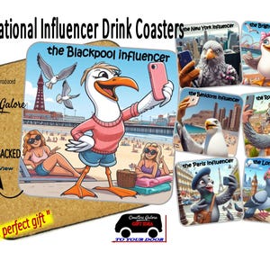 May include: Set of 8 cork-backed drink coasters featuring cartoon illustrations of seagulls and pigeons taking selfies in front of famous landmarks. Each coaster has a different city name and the text "the [city name] influencer".