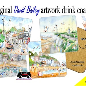 Peut inclure: Ensemble de quatre sous-verres colorés illustrant une ville balnéaire à l'aquarelle. Les sous-verres sont recouverts de liège et portent le texte "Broadstairs" et "David Bailey".
