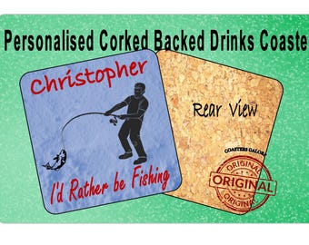 Personalized Fishing Coaster, Angler Gift, Cork Base