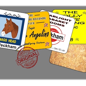 May include: Four colorful coasters with different designs. The first coaster features a horse head with the text "NAGS HEAD Peckham". The second coaster is yellow with the text "THE RIVERSIDE CLUB Tonight Angelino Signing Durtman". The third coaster is white with the text "ARLIGHT ABARET ROOMS kham Open Till Late". The fourth coaster is yellow with the text "THE GOLLY BOYS SING AD 39☆".