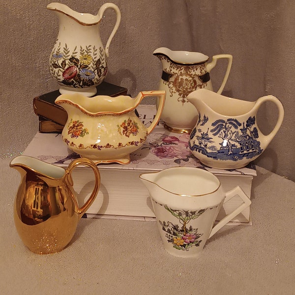 6 Lovely Vintage Cream Jugs . Collection of English china and ceramic Cream jugs C1930 - 60s