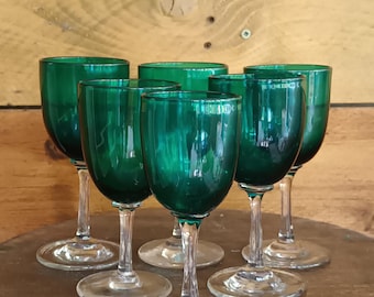 6 Antique stunning Victorian hand blown green / greeny blue  wine or sherry glass C1890s in lovely condition