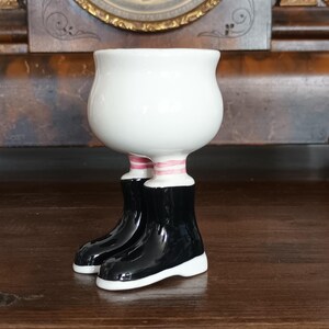 Lovely rare Vintage novelty Carltonware Lustre Wellington boots egg cup Black boots   pink hoop socks C1970s in lovely condition