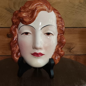 Fabulous rare  Antique Art Deco hand painted porcelain wall hanging face mask Beautiful auborn hair lady red lips C1920s lovely condition