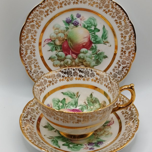 vintage Rare Stanley English bone china Trio , Teacup Saucer and Teaplate Set .Widemouth Autumn fruits Gold handle C1940s super condition