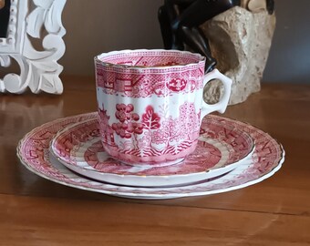 Set of 3 Vintage Masons Vista Red Ironstone Tea Cups & Saucers