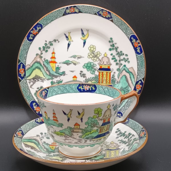 "Zauberhaftes Vintage Crown Staffordshire Fine Bone China ""Chinese Willow""Trio Teeservice um 1950 in super Zustand."