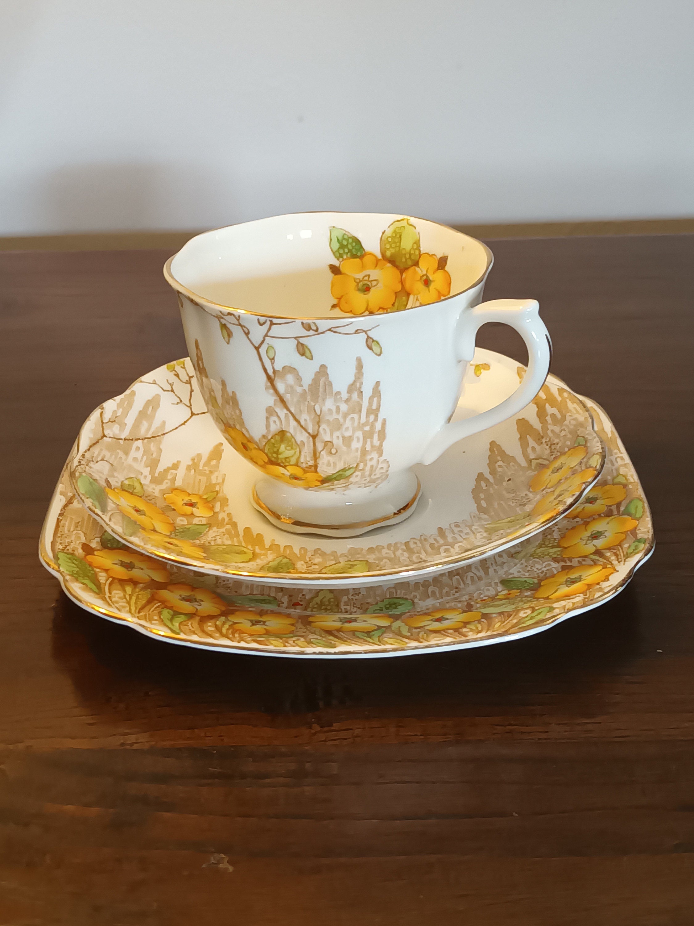 Beautiful Rare Vintage Royal Albert "yellow primrose " English bone china Cup,Saucer and Teaplate . C1940s in superb condition