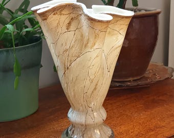 Stunning Vintage Large cream brown bark  effect white interior   "Handkerchief Vase " C1970s in fabulous condition