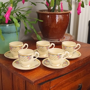 Set of 5 Lovely rare vintage Myott English fine china Demitasse  tea / coffee cups and saucers .Floral gold C1930s in lovely condition