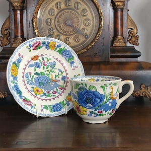 Hermoso juego de taza y platillo de té de hierro inglés con diseño "Regency" de Masons vintage, década de 1950, en excelentes condiciones.