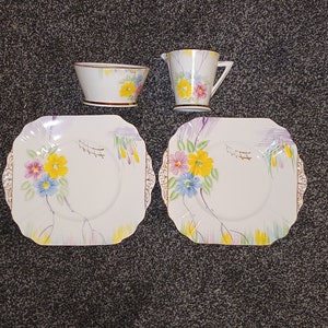 4 Beautiful pieces of Rare Art Deco Pheonix English Fine China.  Cream jug , Sugar Bowl and 2 Serving plates C1930s in lovely condition