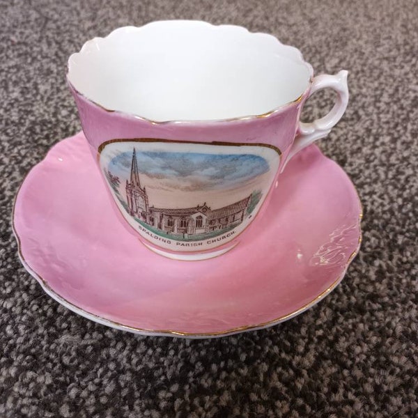 Antique German late 1800s  pink lustreware porcelain souvenir large cup and saucer