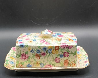 Mooie zeldzame vintage Engelse keramische Royal Winton Grimwades Chintz botervloot en -bord C1940s in goede staat