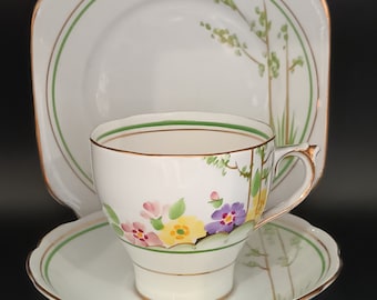 Lovely Rare Vintage Art Deco  English Hand painted Trio tea set made by Roslyn China  C1940s in lovely condition