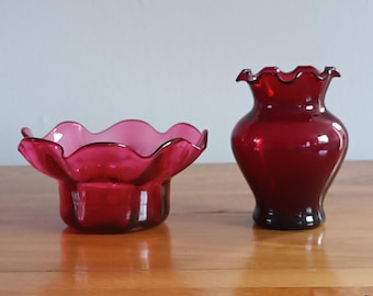 2 Beautiful pieces of Hand Blown English cranberry flutted top  glass bonbon dish and small flower vase  C1930s lovely condition