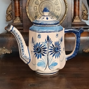 Beautiful  rare Vintage French Henroit Quimper Hand Made, Hand Painted large tea coffee pot blue floral Unique piece C1940s lovely condition