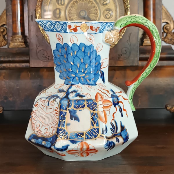 Beautiful rare Large Antique Georgian Davenport Ironstone  Imari jardiniere jug with a superb green Serpent handle C1820s lovely condition