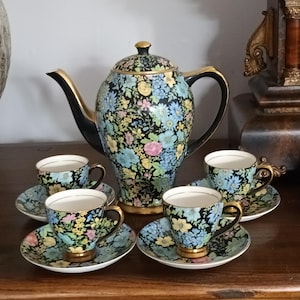 Beautiful very rare Empire Chintz English ceramic china Coffee / Tea set for 4 .Coffee pot demitasse cups saucers C1930s in lovely condition