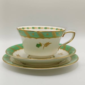 Vintage Beautiful Georgian &quot;Royal Worcester&quot; Trio .Cup ,saucer and teaplate in a gold ,green and cream floral design C1950s lovely condition