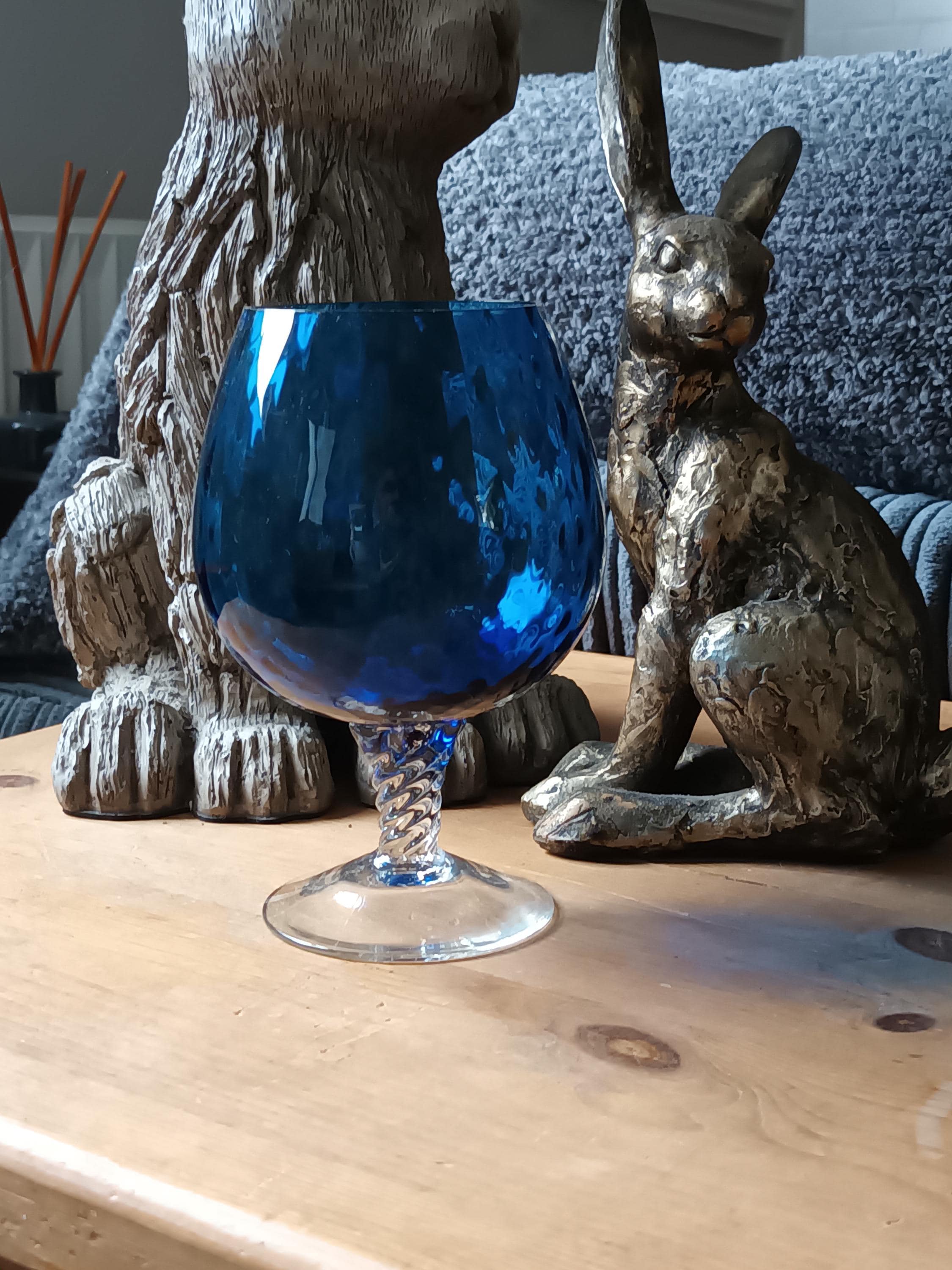 Beautiful Vintage Italian large Deep Blue Scalloped effect twisted stem Glass C1970s in fabulous condition