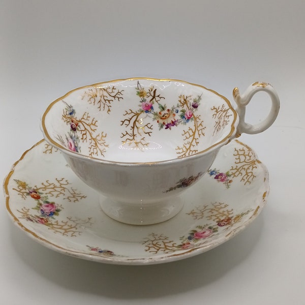 Beautiful Rare Antique English Victorian hand painted Wide rim  floral tea cup and saucer C1880s in lovely condition
