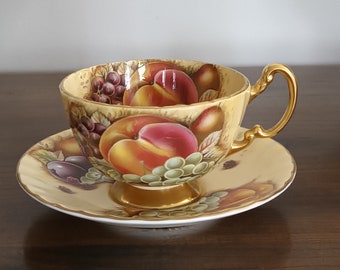 Aynsley Orchard Gold Teacup & Saucer Set: Signed N Brunt, Vintage